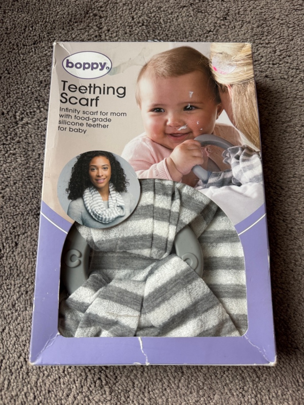 Boppy Teething Scarf Silicone Teether Gray Striped Baby NIB